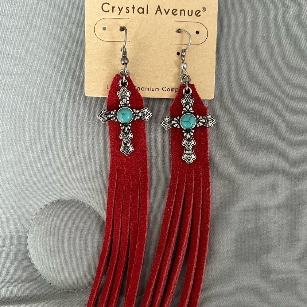New Crystal Avenue Fringe Cross Earrings